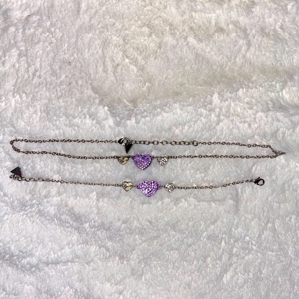 🥳 3FOR30 Guess purple rhinestone heart bracelet and necklace set.